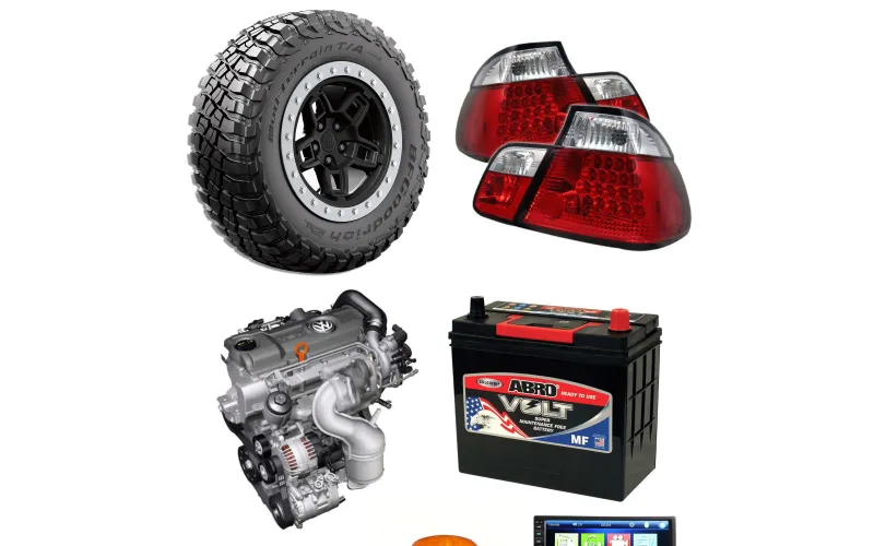 Tyres, vehicle lights and maintenance-free battery examples