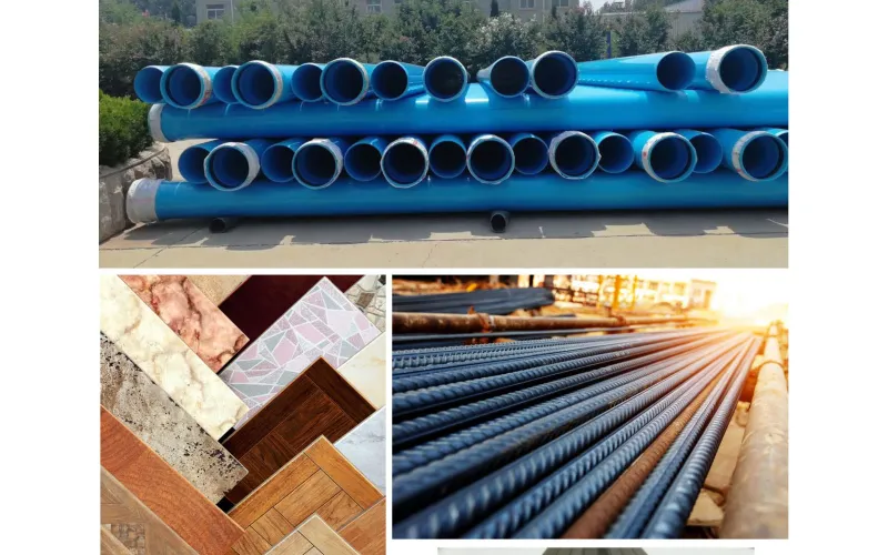 Construction pipes, steel reinforcement and finishing material examples