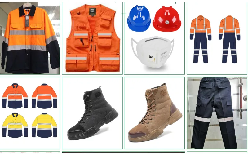 Protective workwear, safety boots, helmets and mining equipment examples